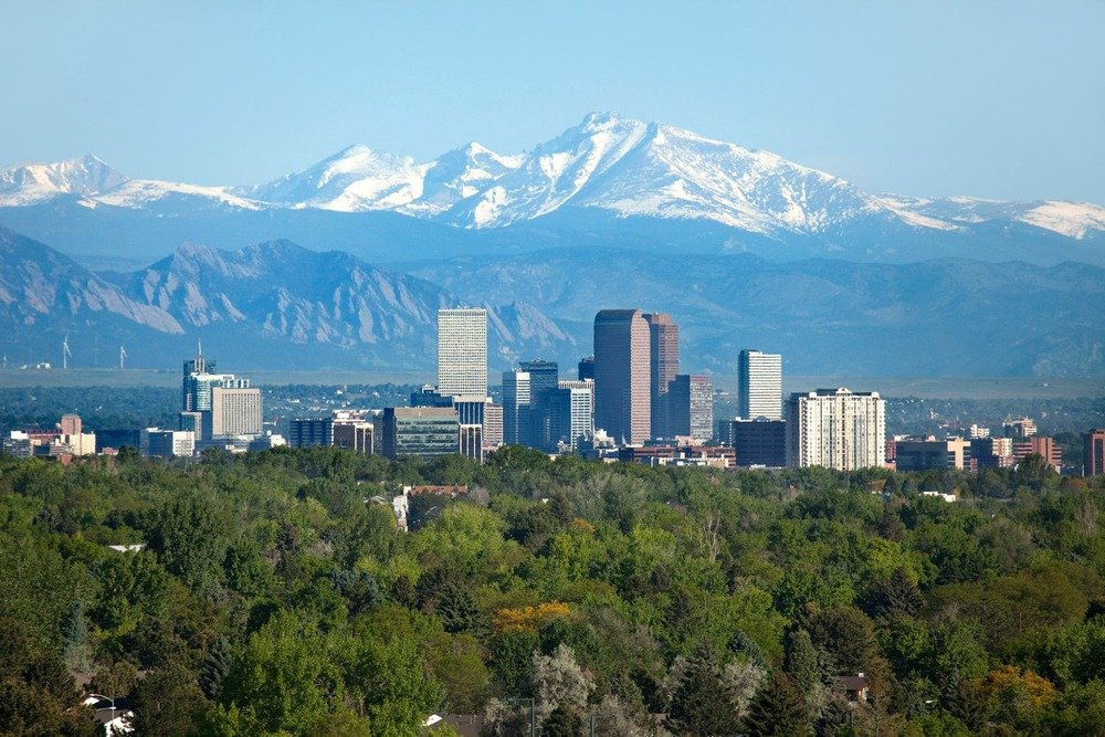 Denver, Colorado skyline with the Rocky Mountains